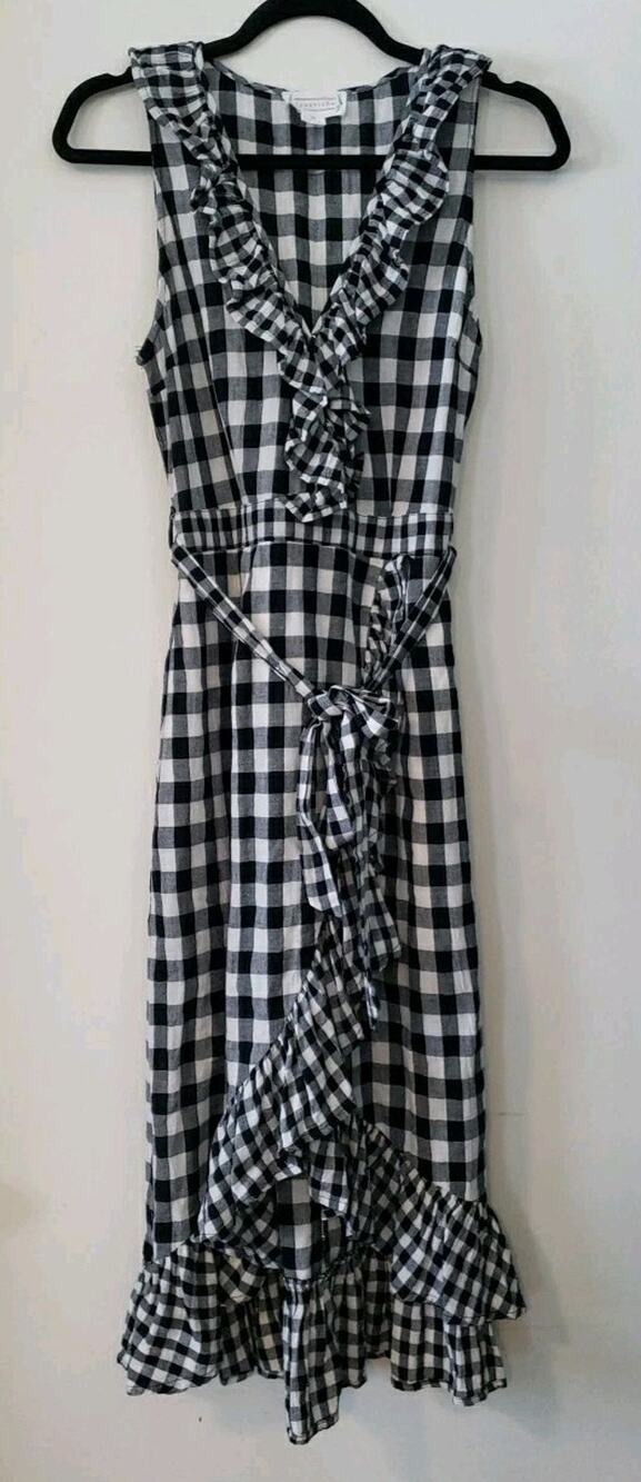 Love riche Long Ruffle Gingham Dress Belt Cotton Sleeveless Sz M Black White (V6